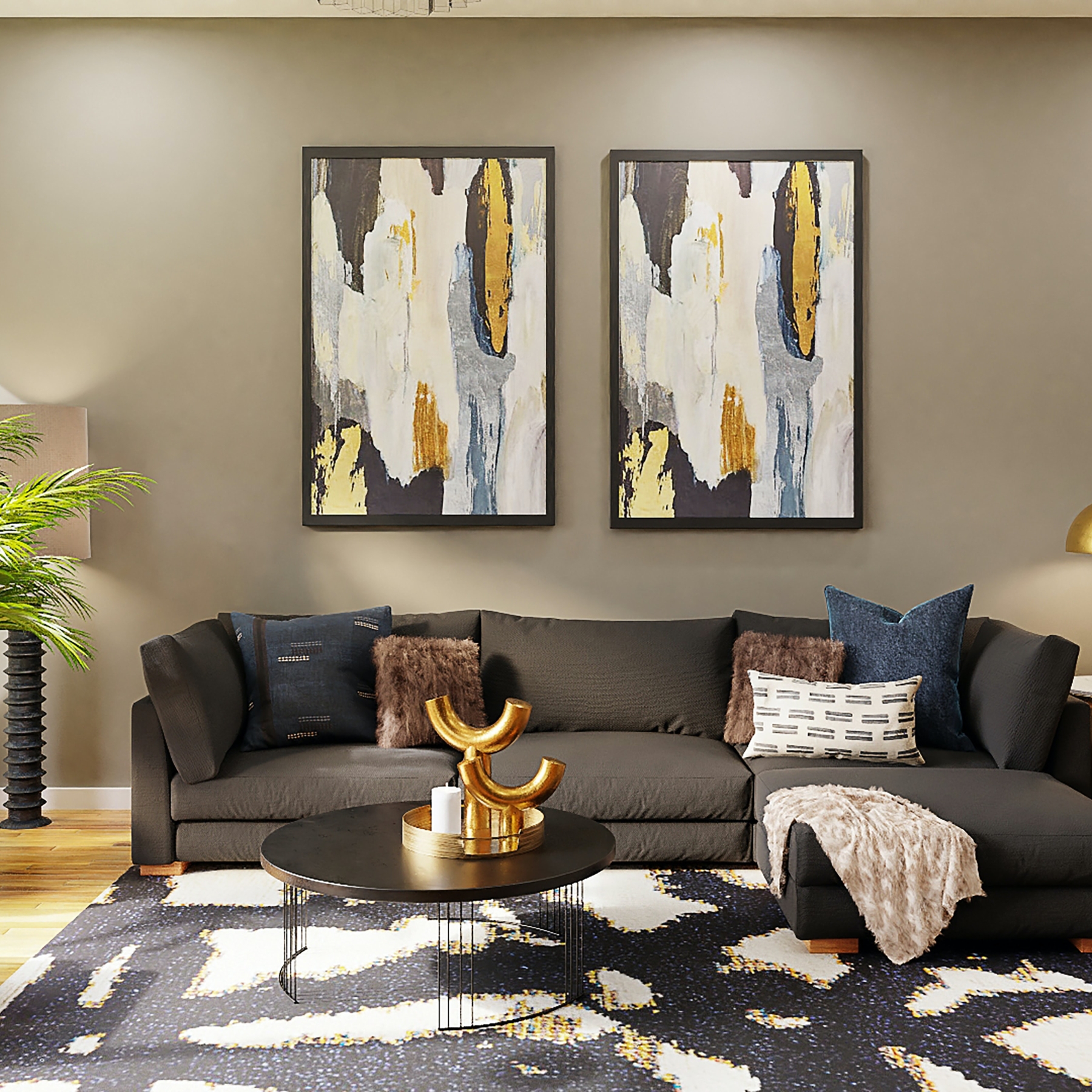 Living room with rug, plush sectional, modern furniture, and abstract artwork.