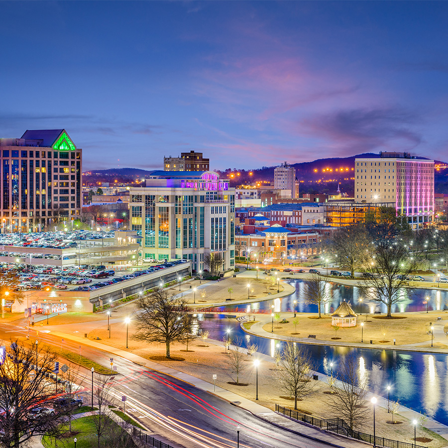 Night time aerial shot of Downtown Huntsville, AL