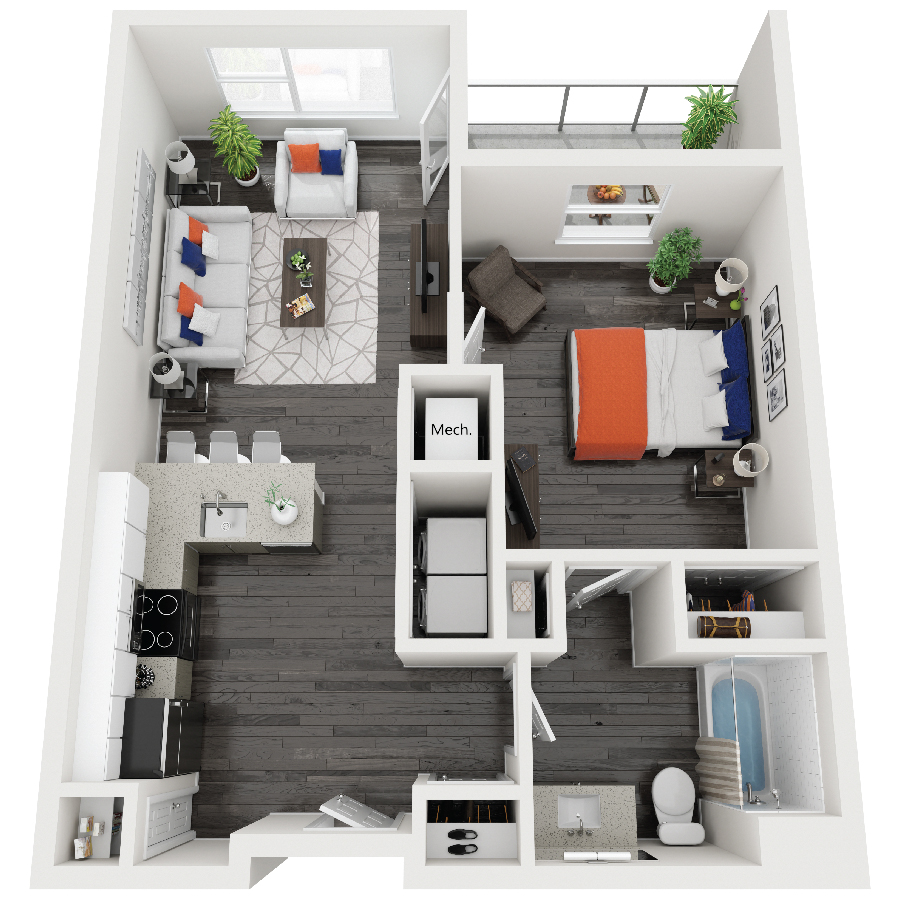 Rendering of the Gemini floor plan with 1 bedroom[s] and 1 bathroom[s] at Constellation