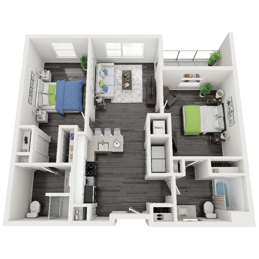Rendering of the Artemis 1 floor plan with 2 bedroom[s] and 2 bathroom[s] at Constellation
