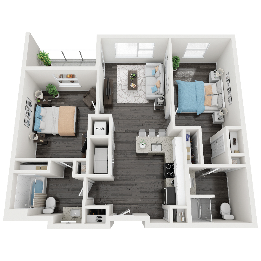 Rendering of the Mariner floor plan with 2 bedroom[s] and 2 bathroom[s] at Constellation