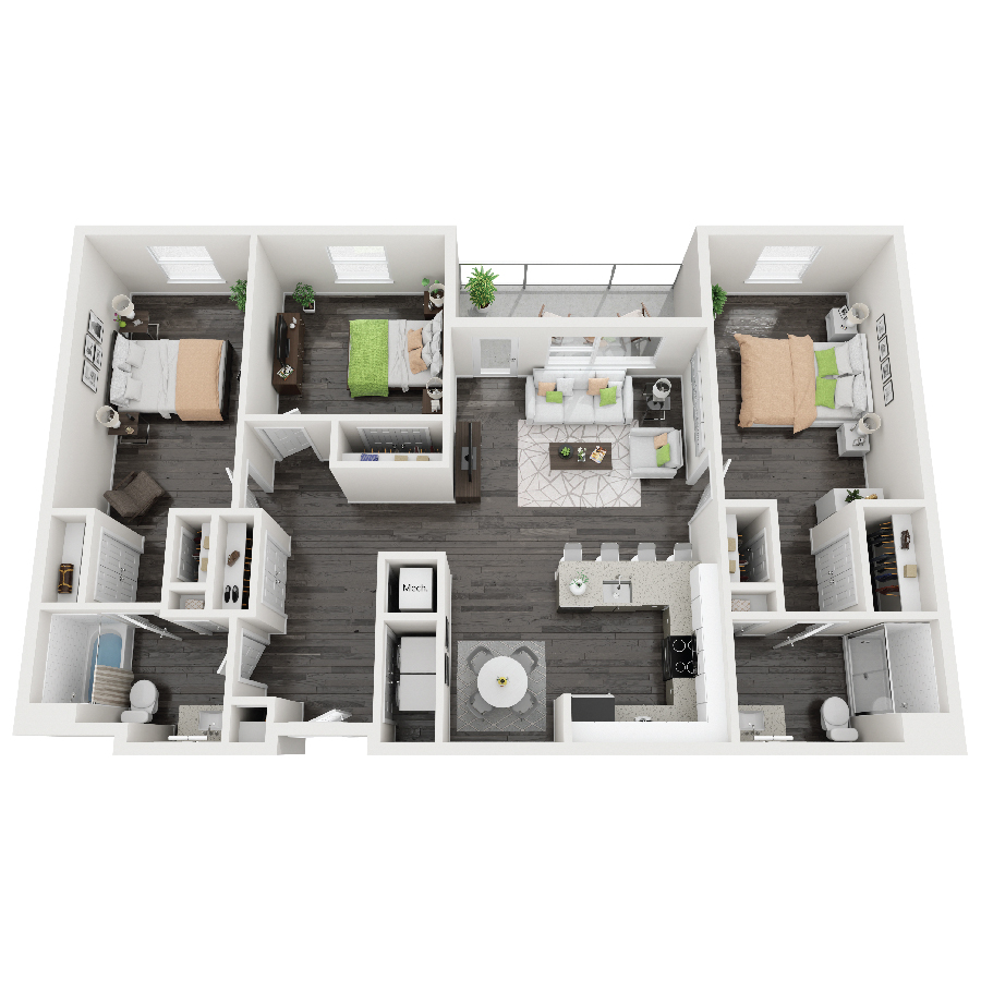 Rendering of the Spitzer floor plan with 3 bedroom[s] and 2 bathroom[s] at Constellation