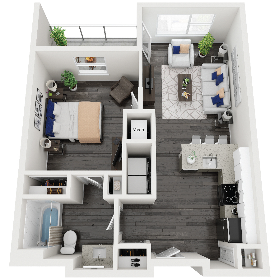 Rendering of the B3-2 Mercury floor plan with 1 bedroom[s] and 1 bathroom[s] at Constellation