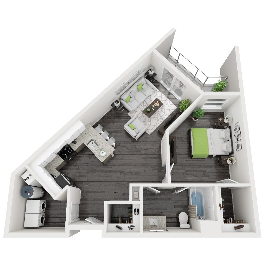 Rendering of the B2 – Hubble floor plan with 1 bedroom[s] and 1 bathroom[s] at Constellation