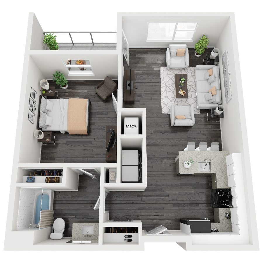 Rendering of the B1-Pioneer floor plan with 1 bedroom[s] and 1 bathroom[s] at Constellation