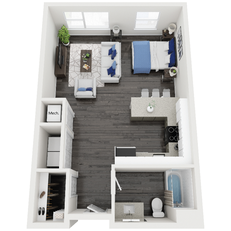 Rendering of the A1 –Voyager floor plan with a Studio bedroom and 1 bathroom[s] at Constellation