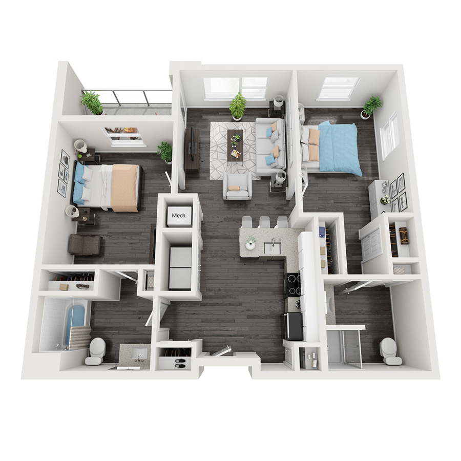 Rendering of the C2  Curiosity floor plan with 2 bedroom[s] and 2 bathroom[s] at Constellation