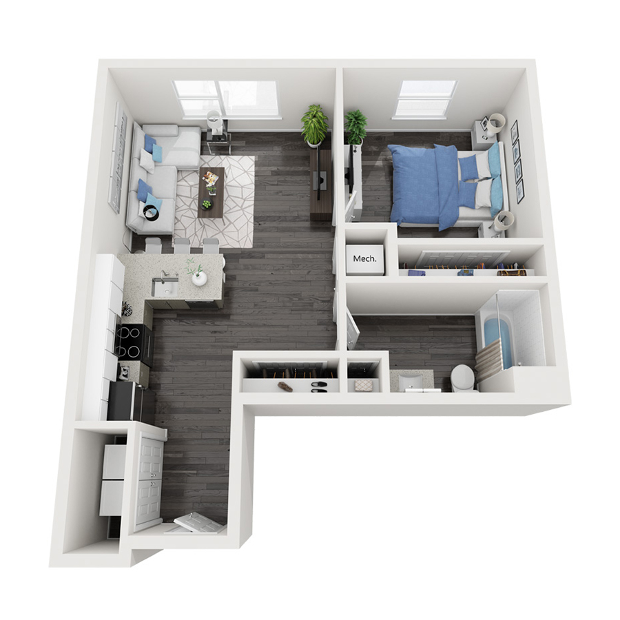 Rendering of the B4 Friendship 7 floor plan with 1 bedroom[s] and 1 bathroom[s] at Constellation